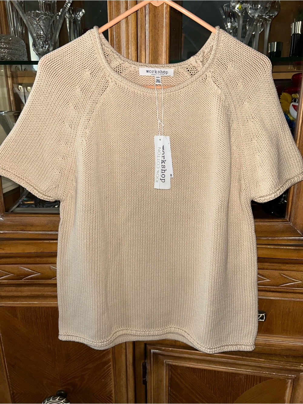 Workshop Republic Clothing Neutral Beige Scoop Neck Short Sleeve Cotton Sweater